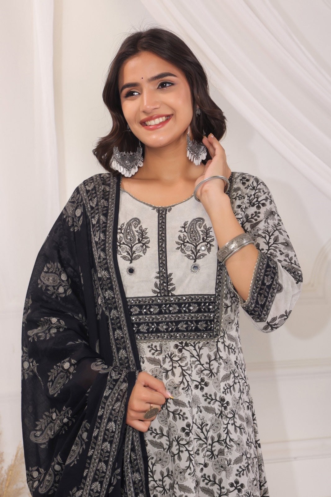 Yuvika Grey Cotton Anarkali Suit Set For Women