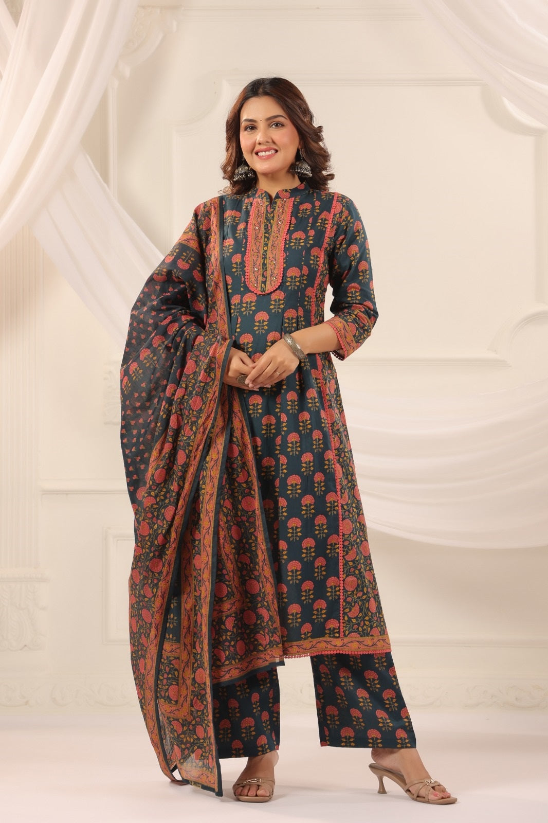 Suru Teal Blue Cotton A Line Suit Set