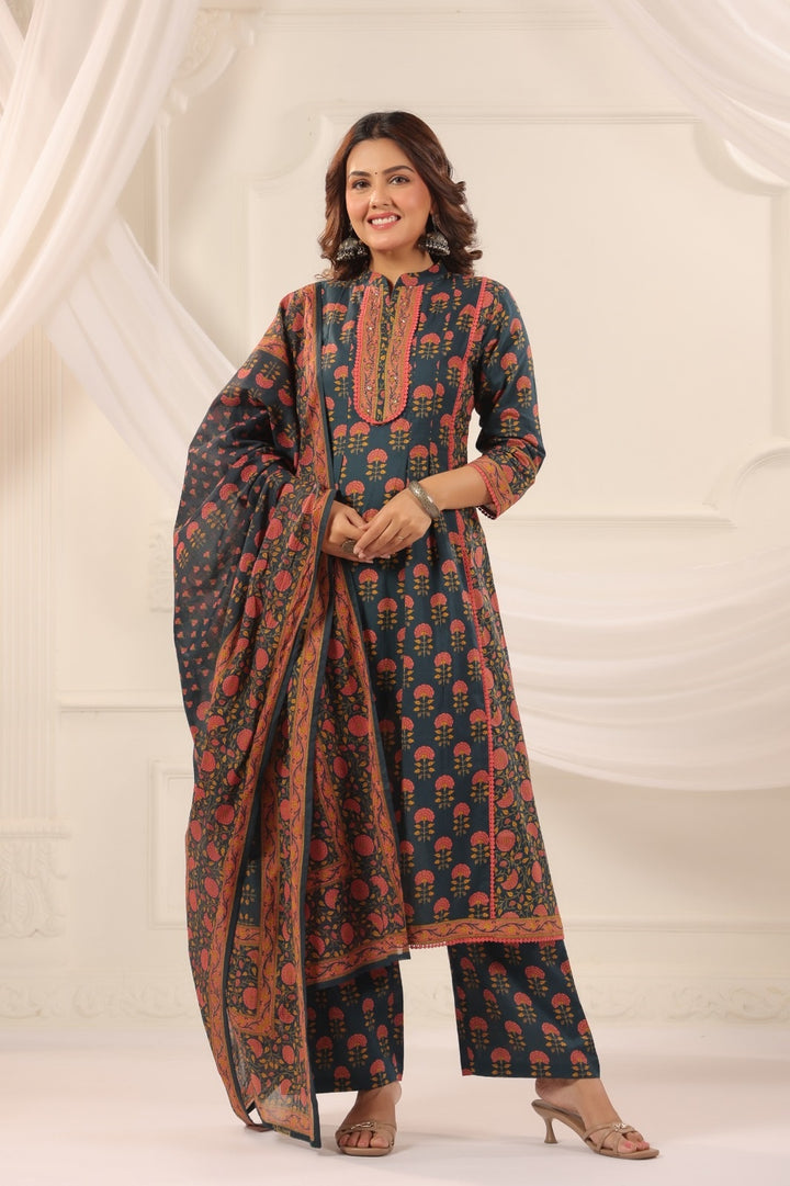 Suru Teal Blue Cotton A Line Suit Set