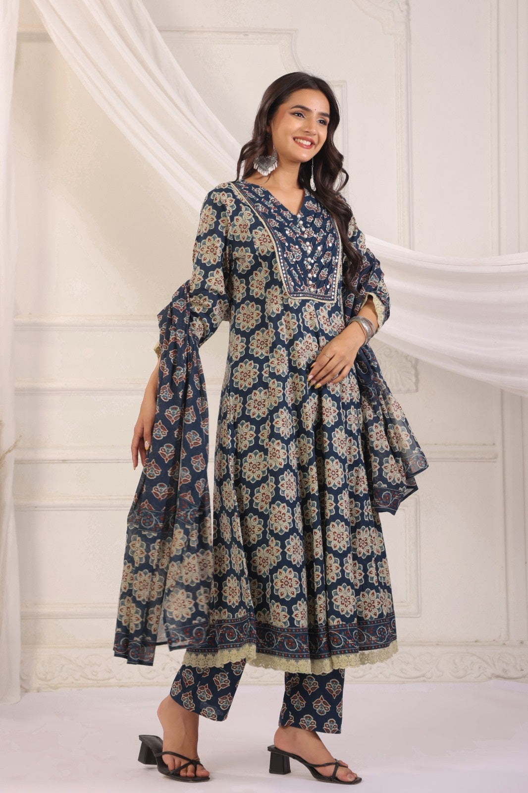 Akshara Blue Cotton Anarkali Suit Set For Women