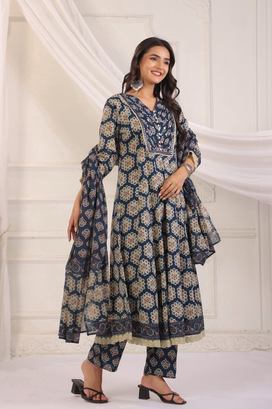 Akshara Blue Cotton Anarkali Suit Set For Women