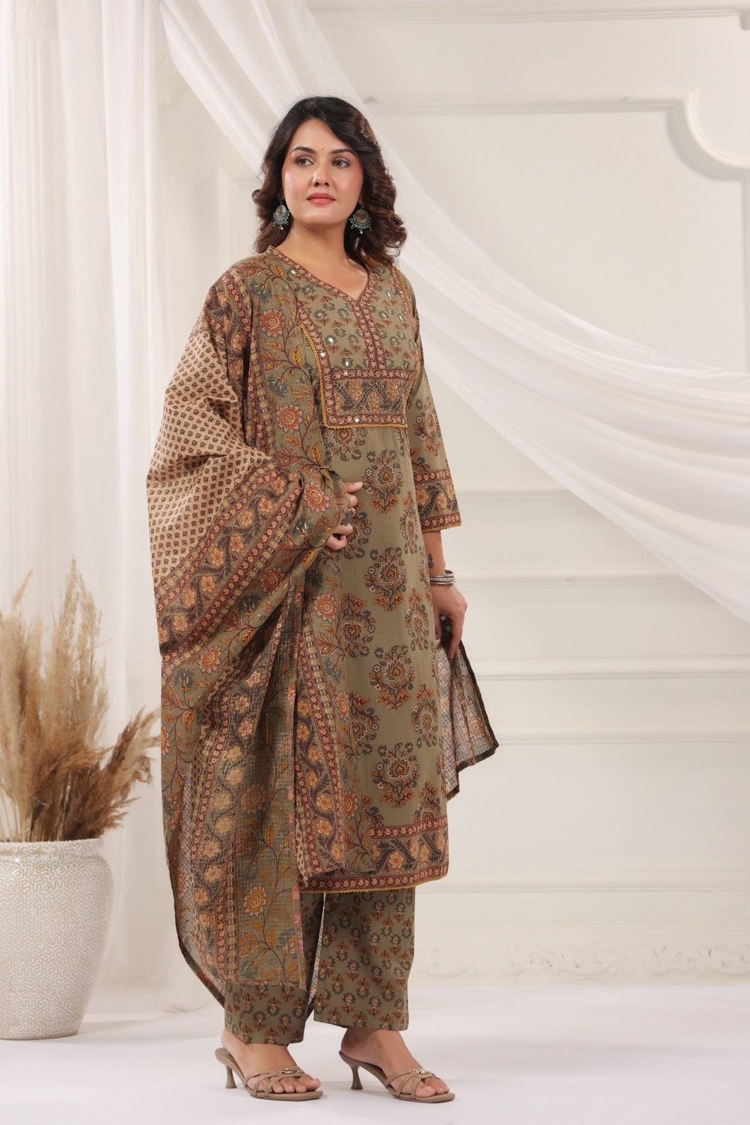 Bhanu Olive Green Cotton Straight Salwar Suit Set With Kota Doria Dupatta For Women