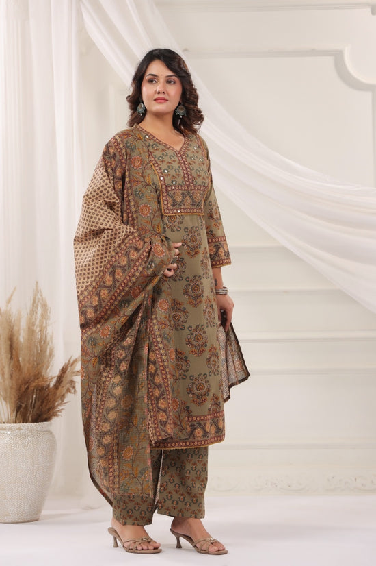 Bhanu Olive Green Cotton Straight Salwar Suit Set With Kota Doria Dupatta For Women