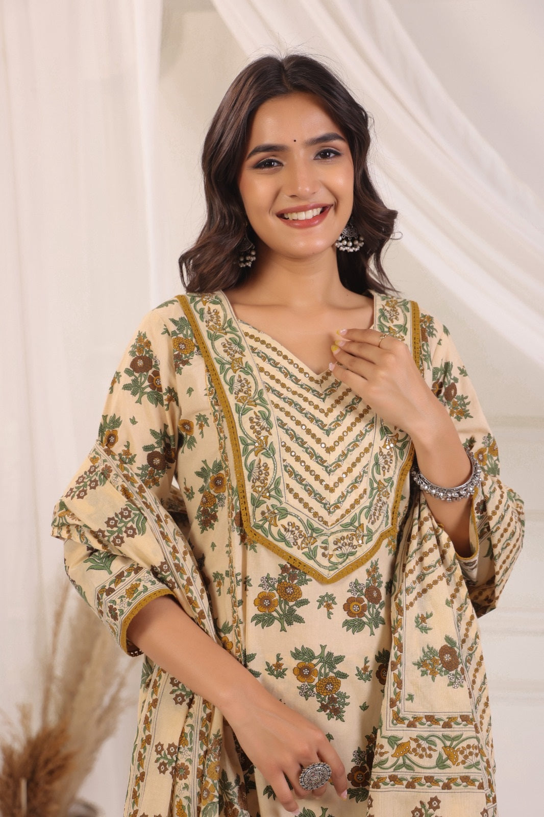 Bhoomi Beige Green Cotton Straight Suit Set For Women