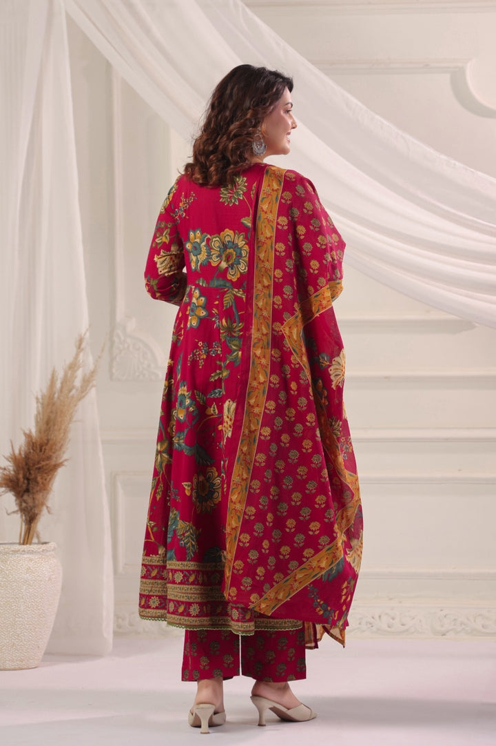 Rukmini Red Cotton Anarkali Suit Set For Women
