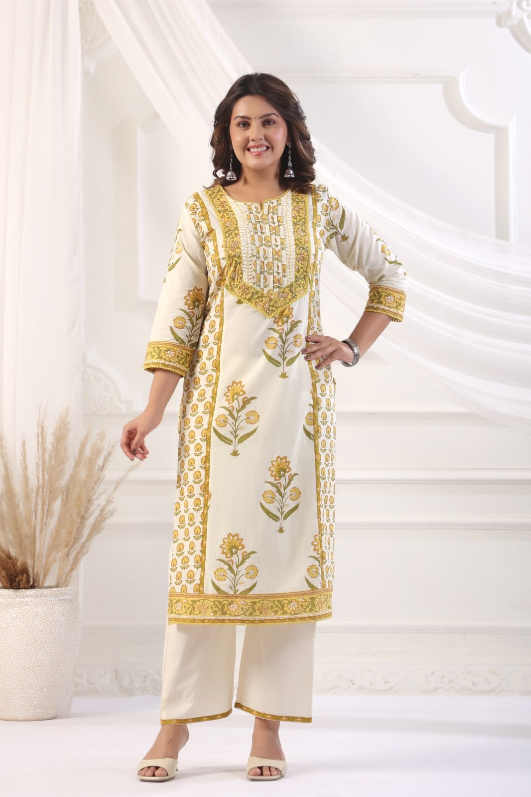 Simran Yellow Cotton Straight Suit Set For Women