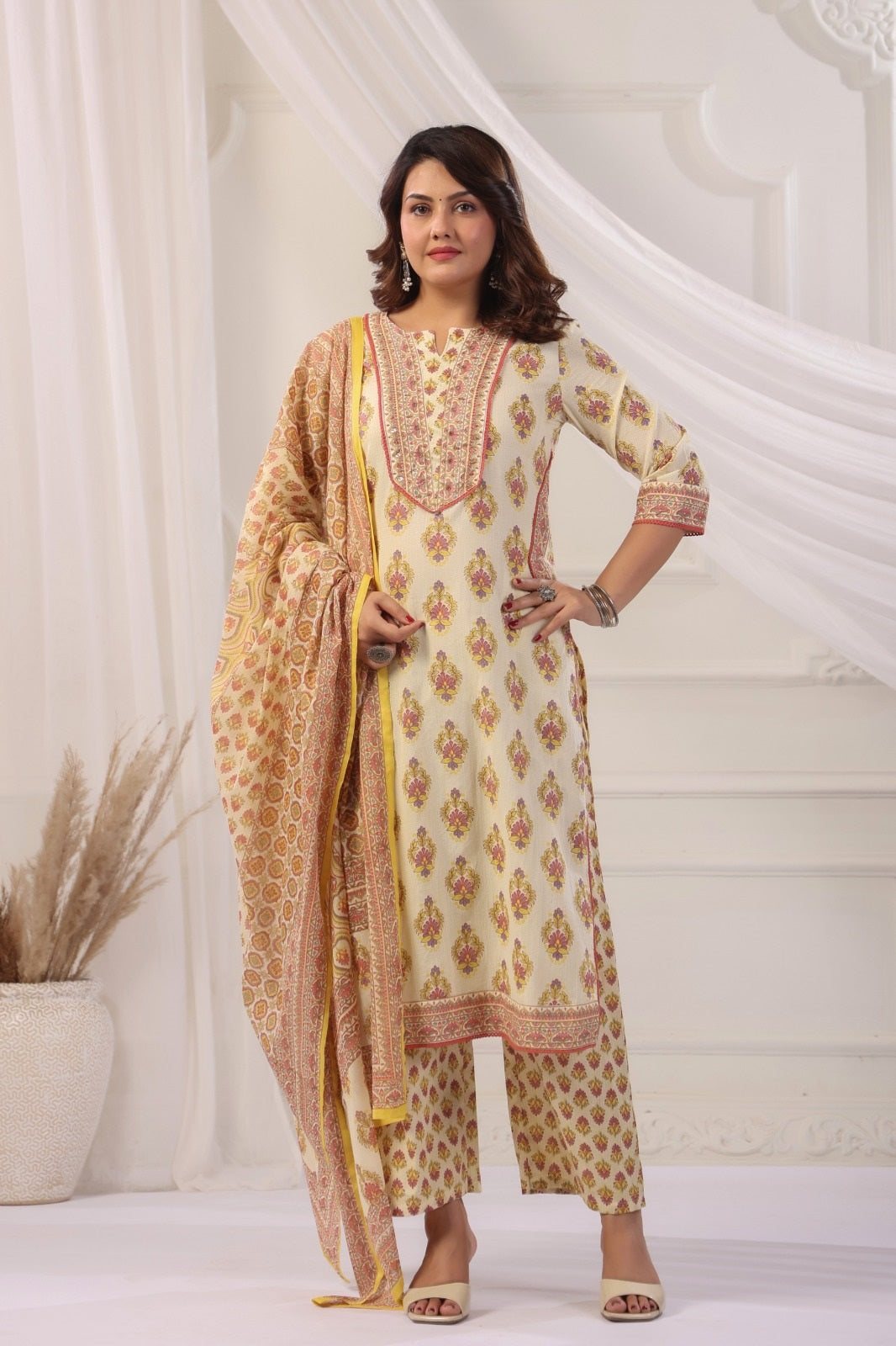 Arya Yellow Cotton Straight Suit Set For Women