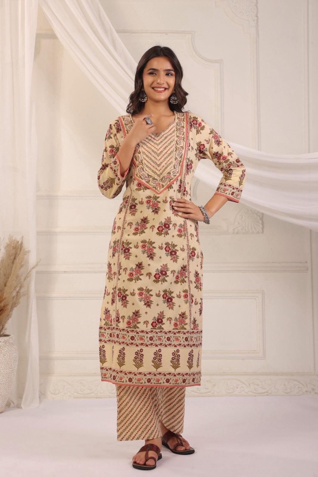 Gauri Beige Maroon Cotton Straight Suit Set For Women