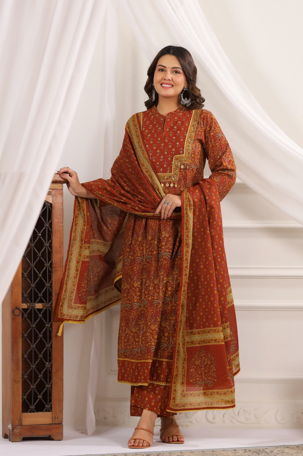 Adira Brown Cotton A Line Suit Set For Women