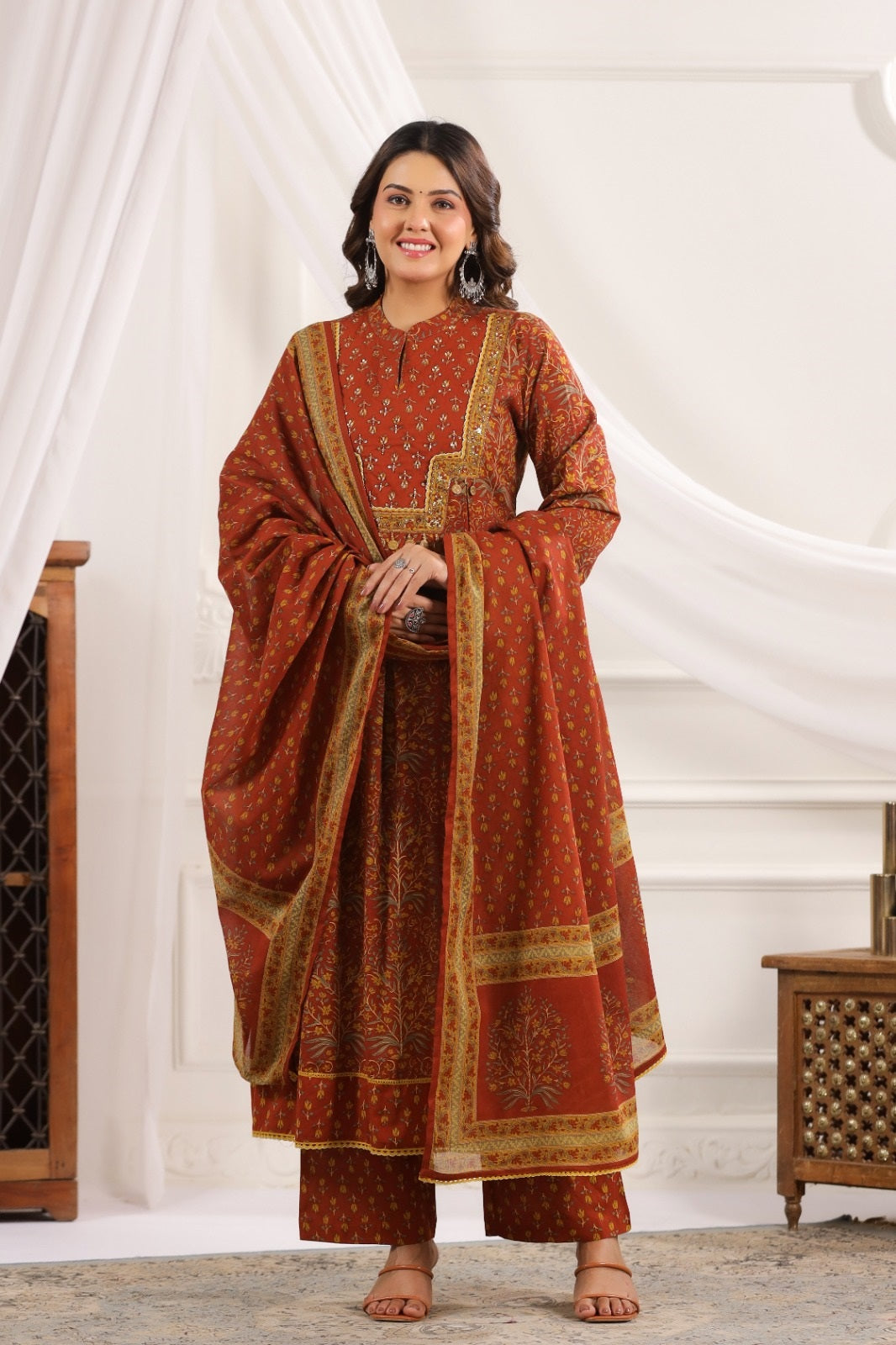 Adira Brown Cotton A Line Suit Set For Women