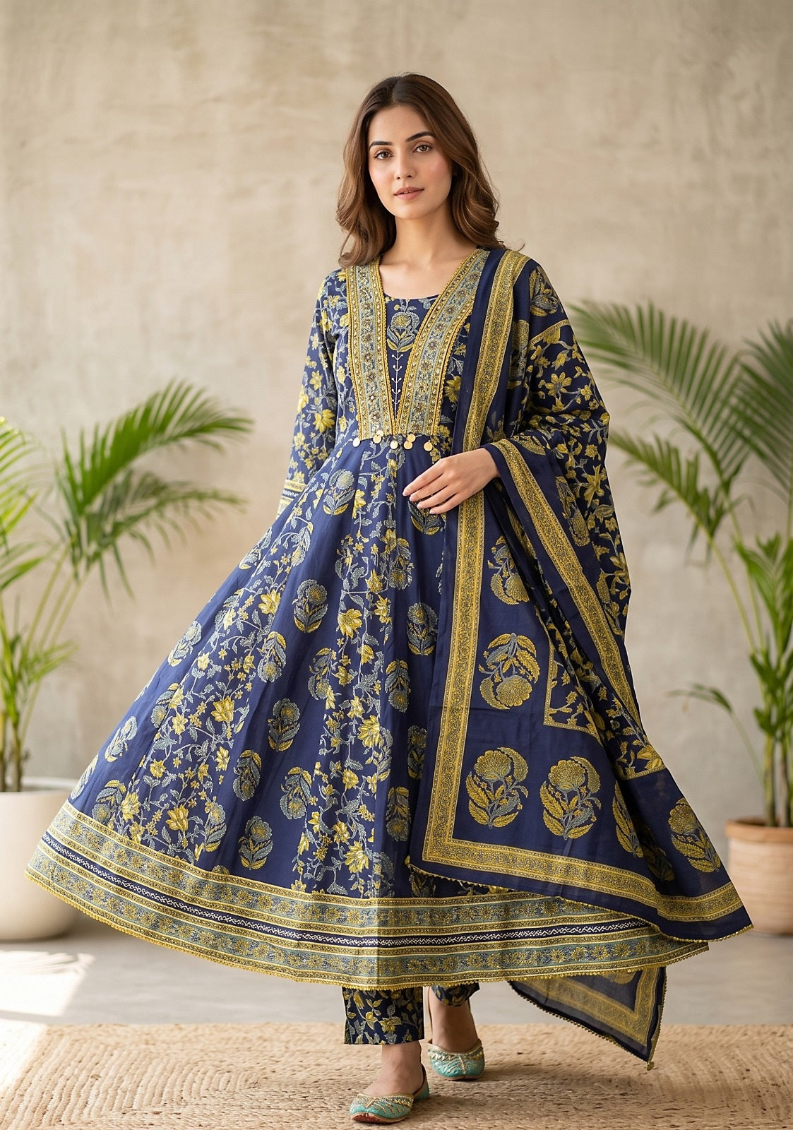 Dhara Blue Cotton Anarkali Suit Set