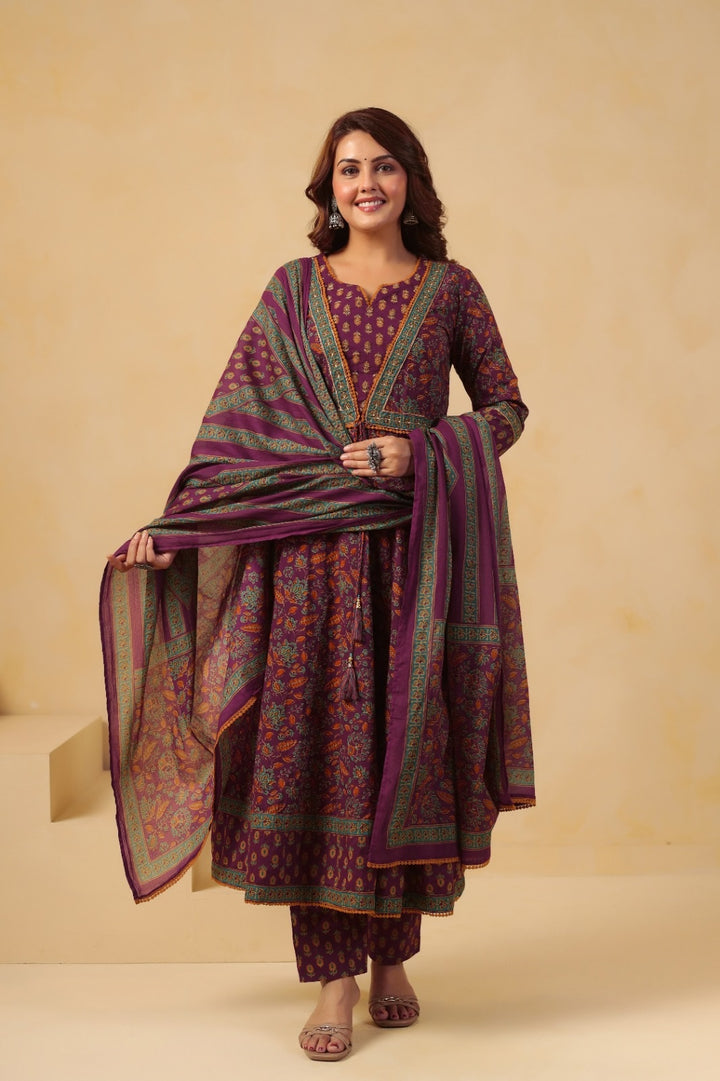 Janhvi Wine Premium Cotton Anarkali Suit Set