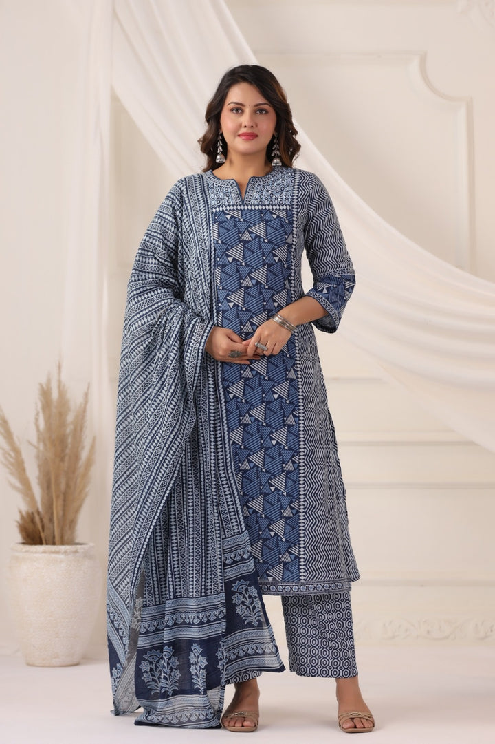 Jeevika Indigo Blue Cotton Suit Set For Women