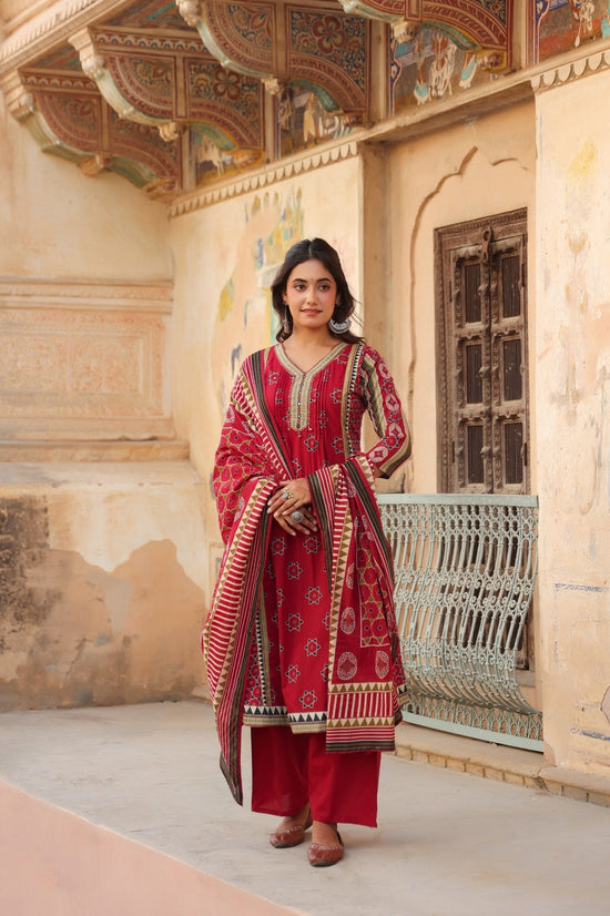 Akshita Red Cotton A Line Suit Set For Women