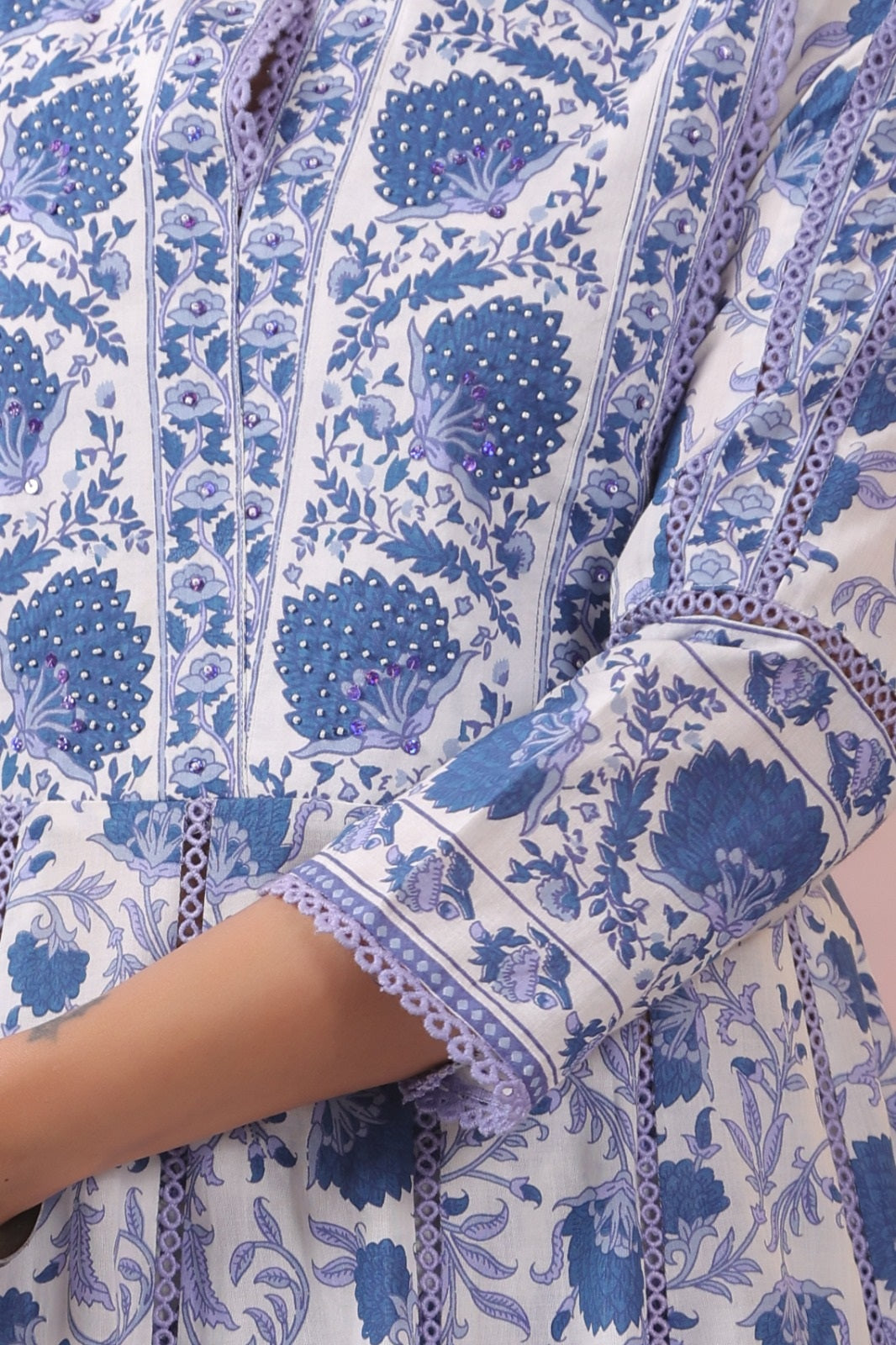 Izza Aqua Blue Floral Cotton Anarkali Set