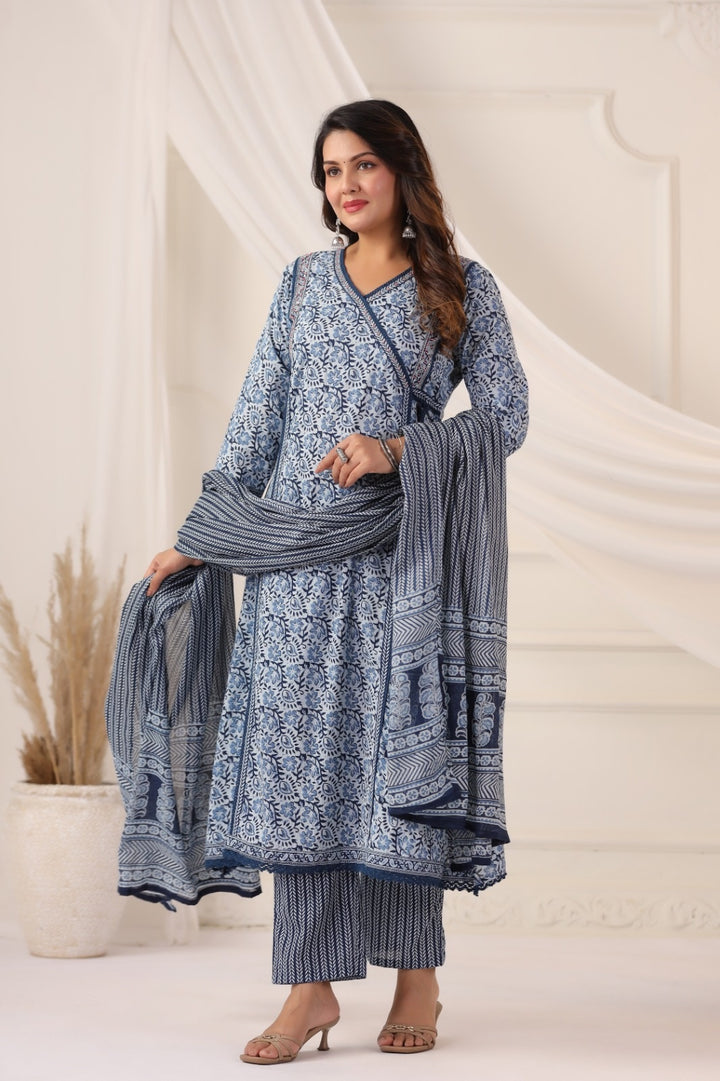Maya Indigo Blue Cotton A Line Suit Set For Women