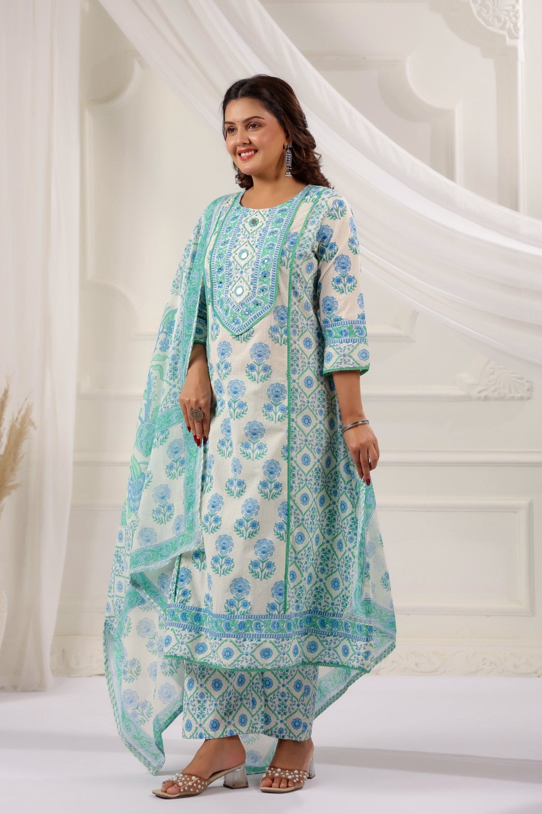 Eesha Atlantic Blue Cotton A Line Suit Set For Women