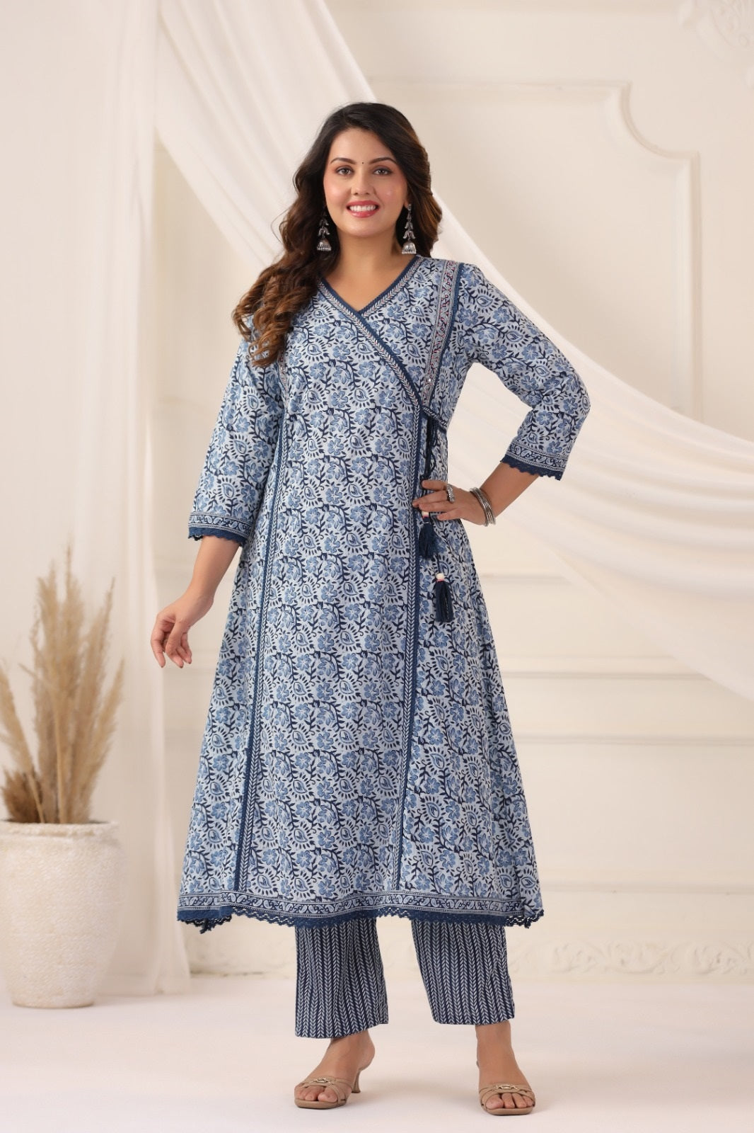 Maya Indigo Blue Cotton A Line Suit Set For Women