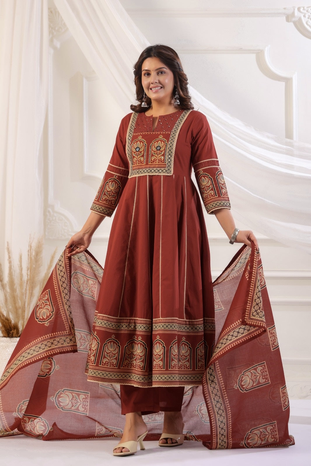 Rukmini Rust Red Cotton Anarkali Suit Set For Women