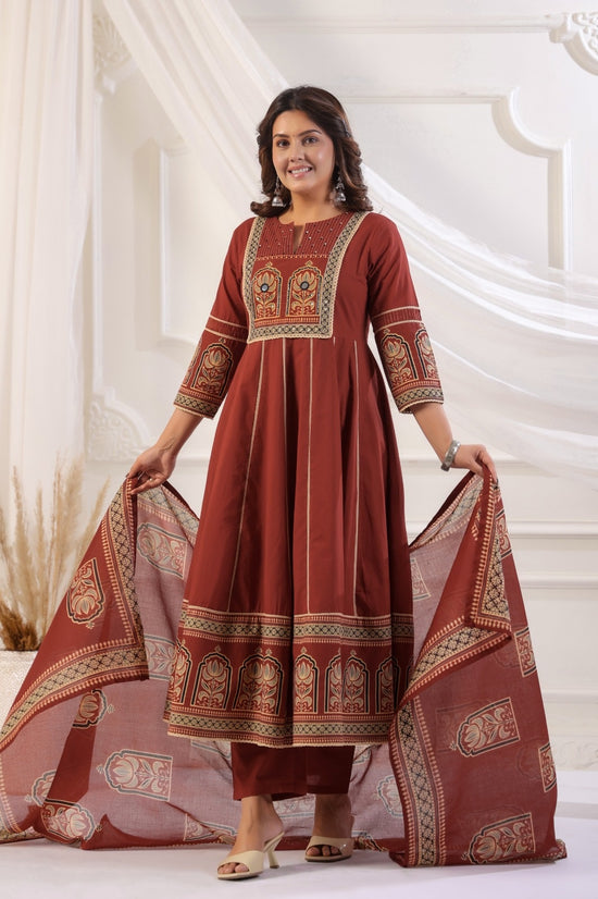 Rukmini Rust Red Cotton Anarkali Suit Set For Women
