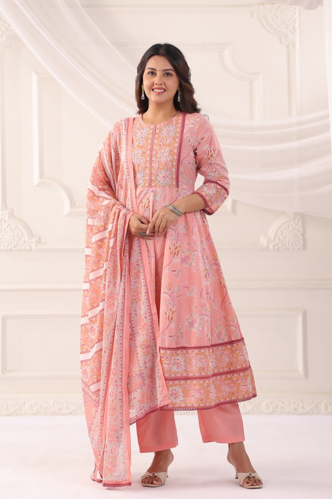 Ishani Pink Cotton Anarkali Suit Set For Women