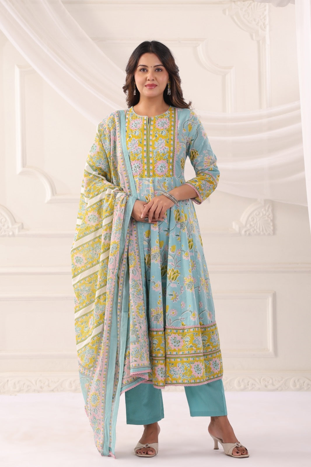 Ayana Aqua Blue Cotton Anarkali Suit Set For Women