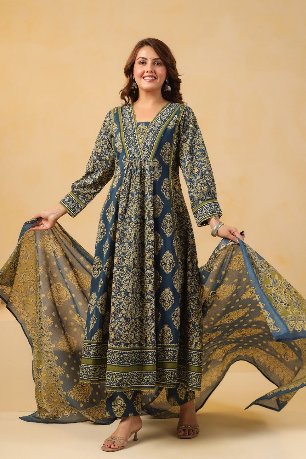 Sahiba Green Cotton Anarkali Suit Set