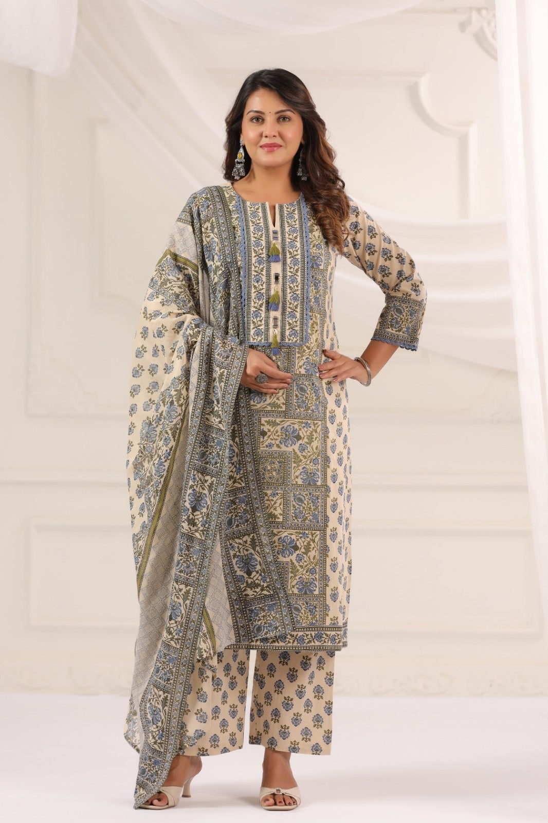 Ayati Blue Cotton Suit Set For Women