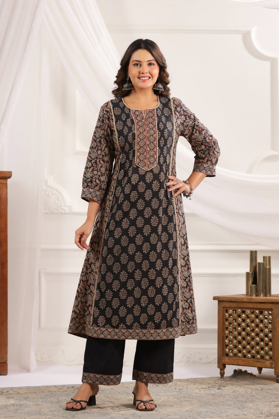 Indira Black Cotton A Line Suit Set