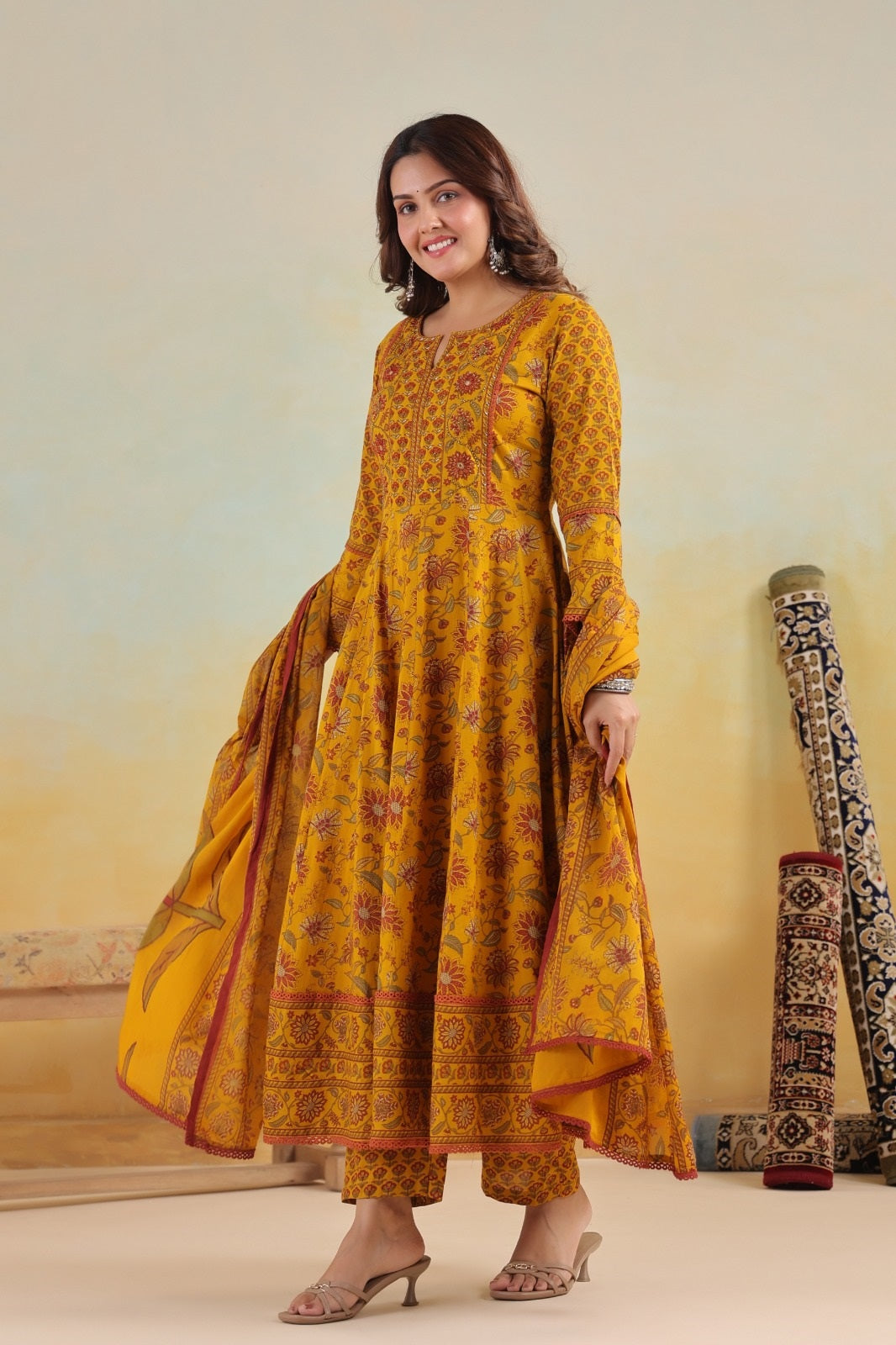 Aadhya Mustard Cotton Anarkali Suit Set