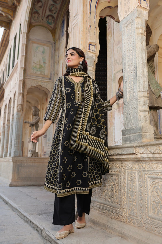 Madhavi Black  Cotton A Line Suit Set For Women