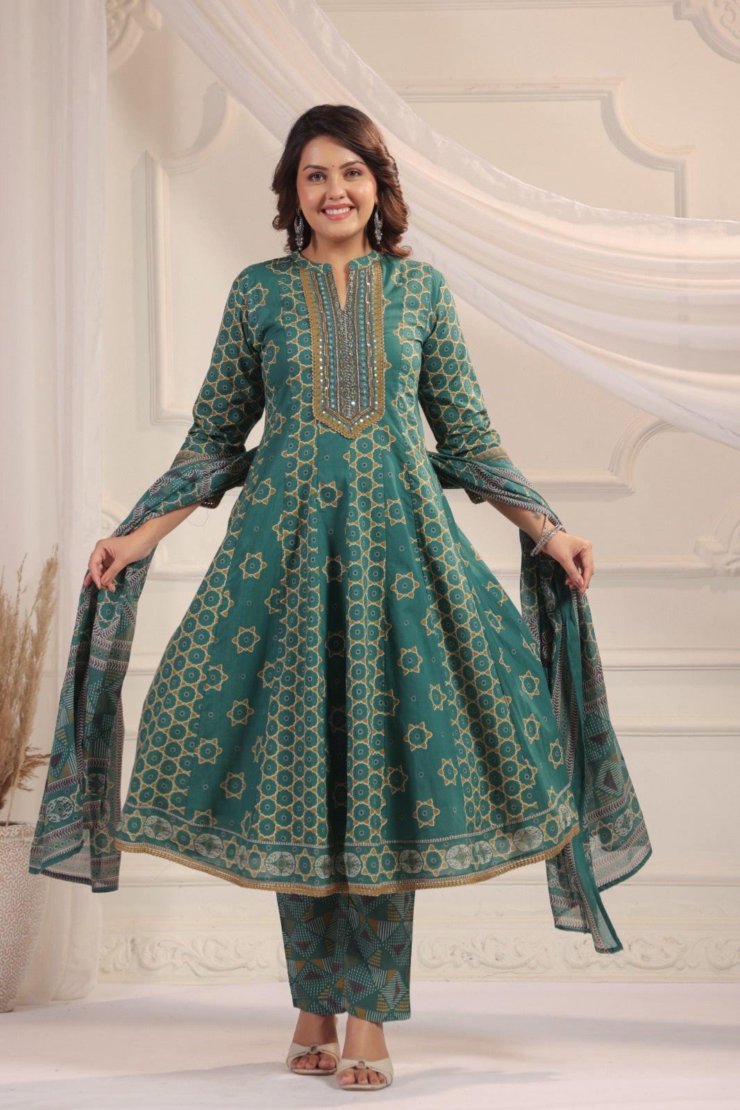 Eshana Green Premium Cotton Anarkali Set With Dupatta