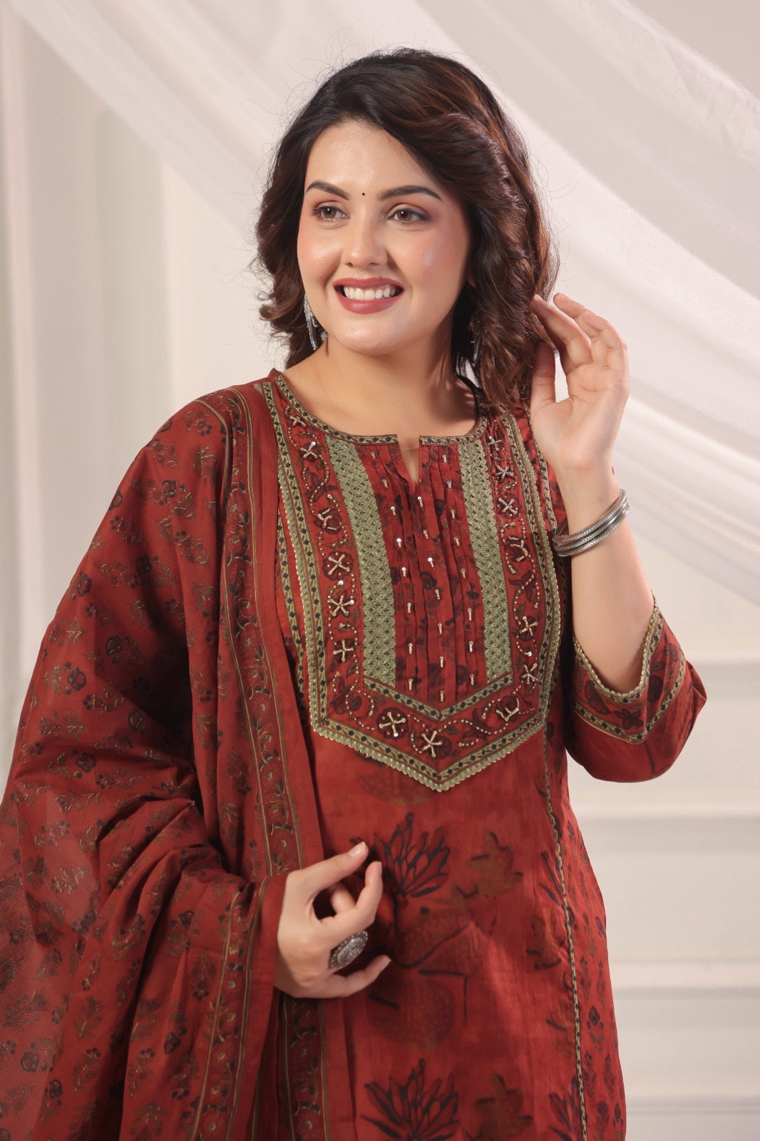 Satya Red Cotton Straight Suit Set For Women