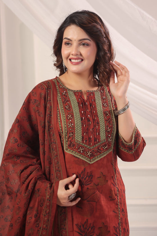 Satya Red Cotton Straight Suit Set For Women