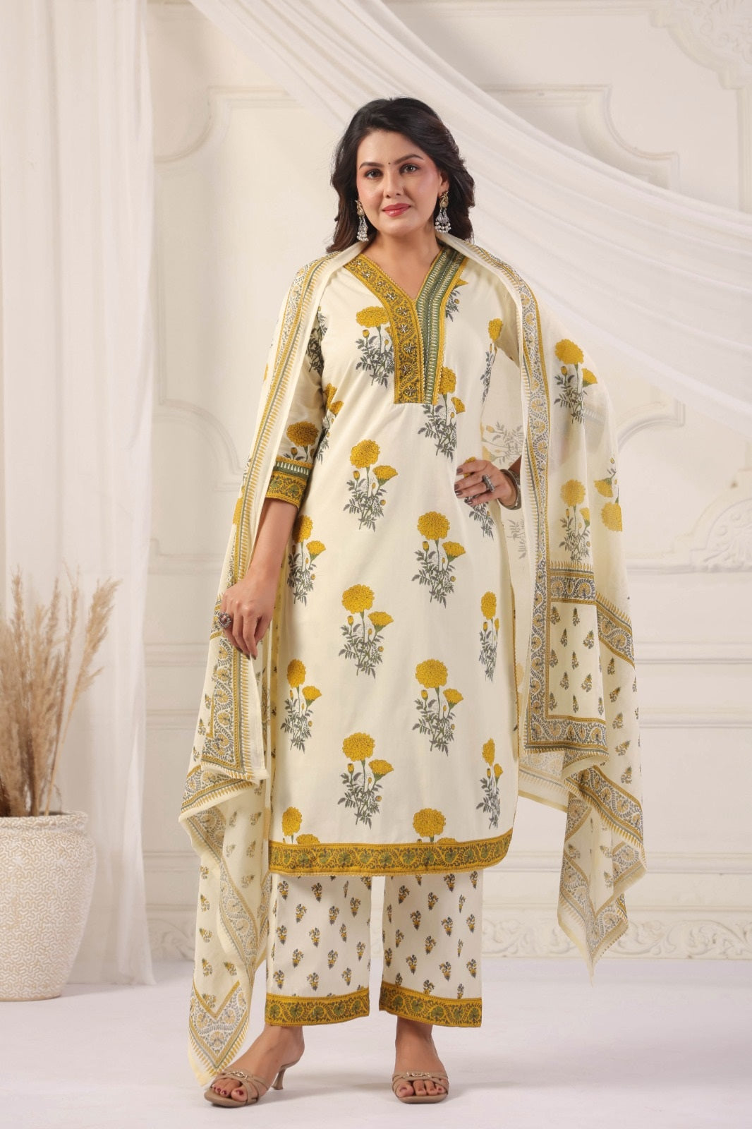 Shaila Yellow Cotton Salwar Suit Set For Women