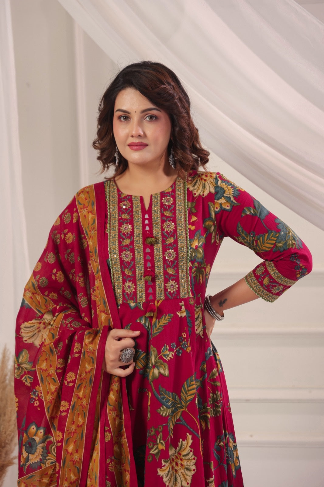 Rukmini Red Cotton Anarkali Suit Set For Women