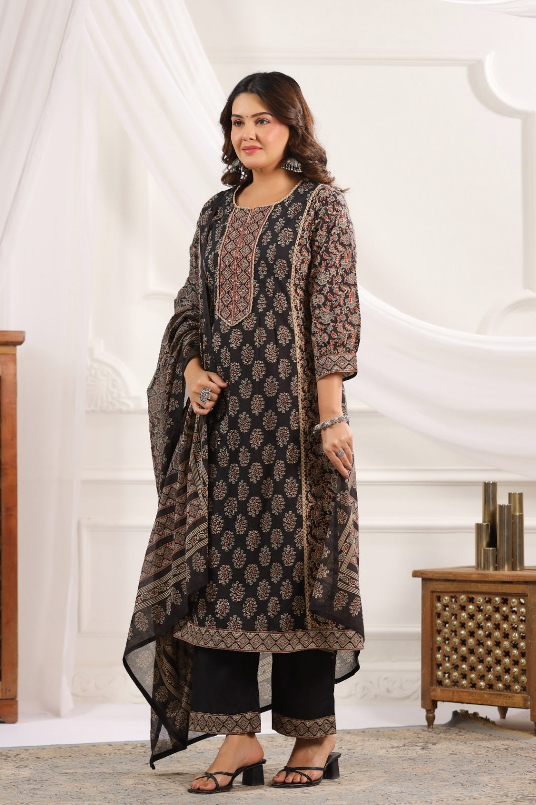 Indira Black Cotton A Line Suit Set