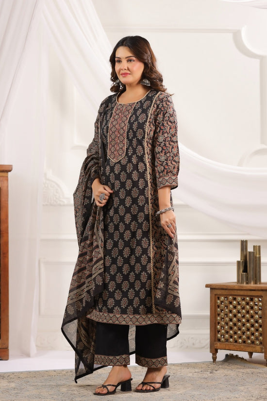 Indira Black Cotton A Line Suit Set