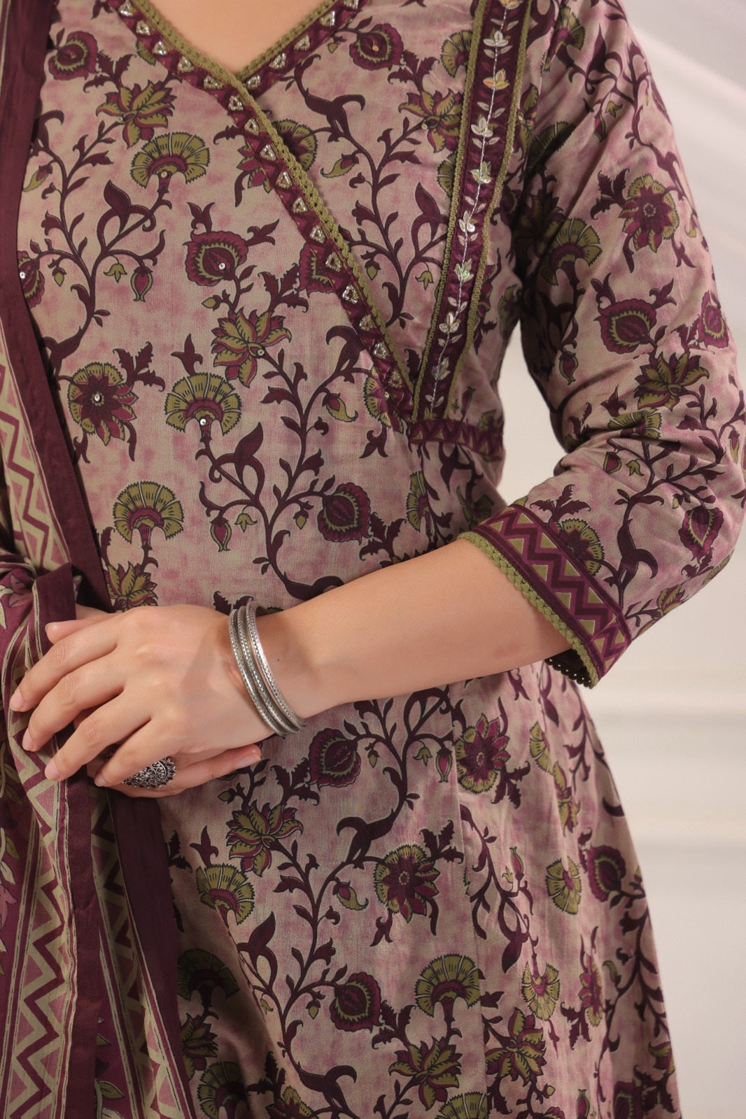 Madhavi Wine  Cotton A Line Suit Set For Women
