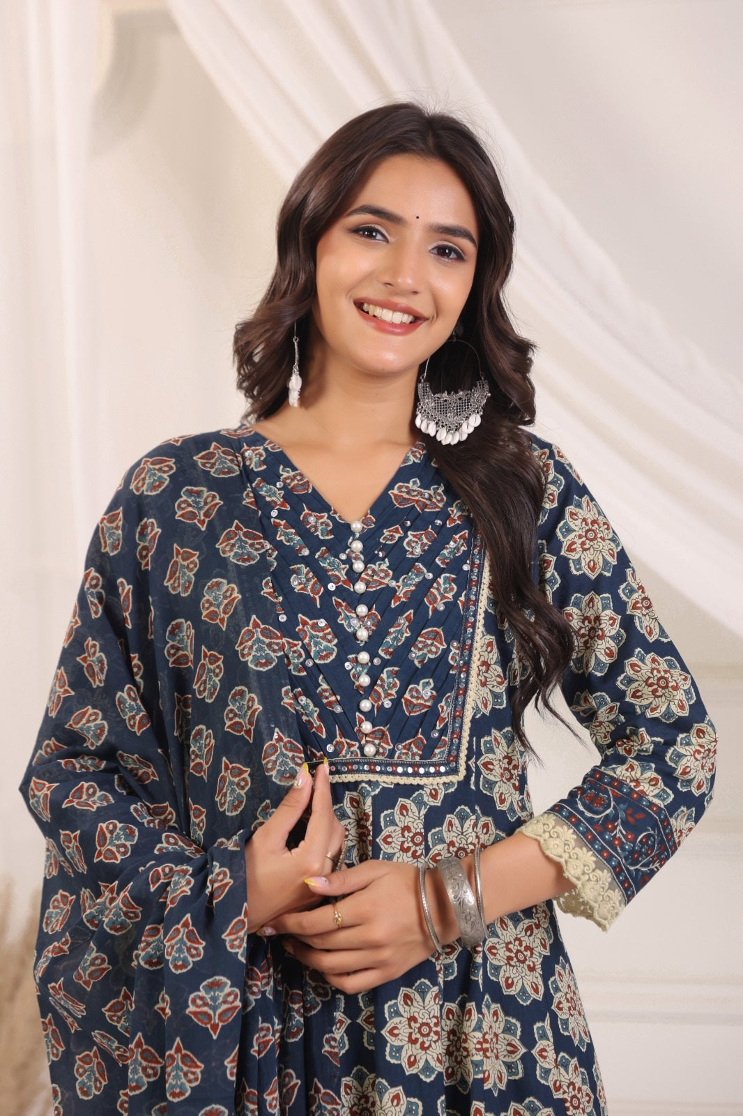 Akshara Blue Cotton Anarkali Suit Set For Women