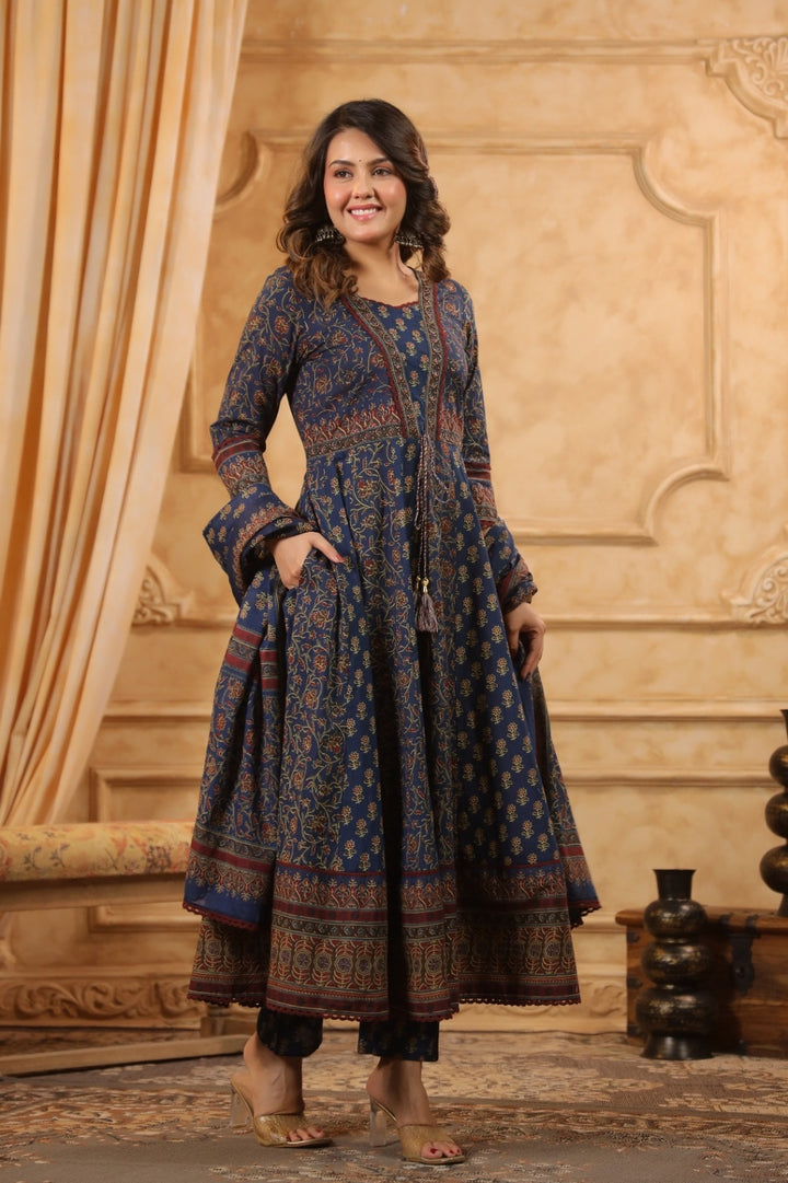 Zeenat Navy Blue Premium Cotton Handblock Printed Anarkali Suit Set