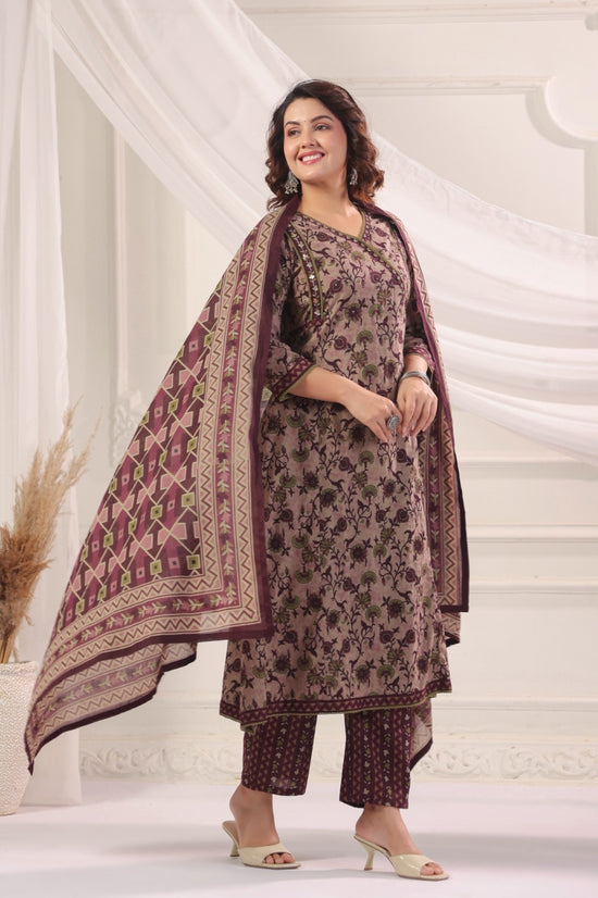 Madhavi Wine  Cotton A Line Suit Set For Women