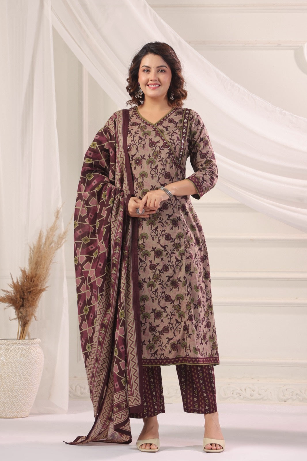 Madhavi Wine  Cotton A Line Suit Set For Women