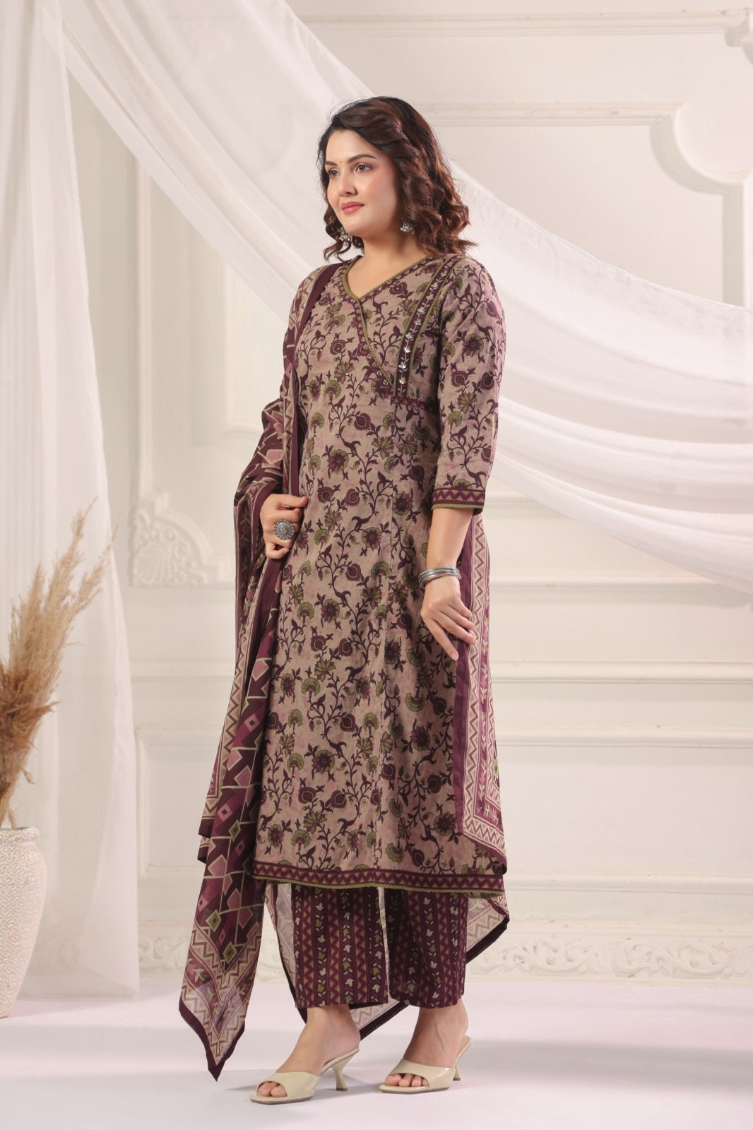 Madhavi Wine  Cotton A Line Suit Set For Women