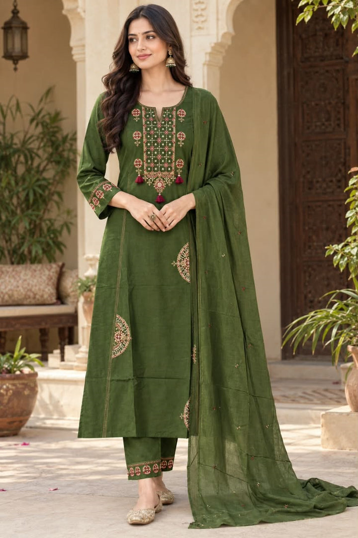 Keerthi Green Cotton A Line Suit Set With Pockets For Women