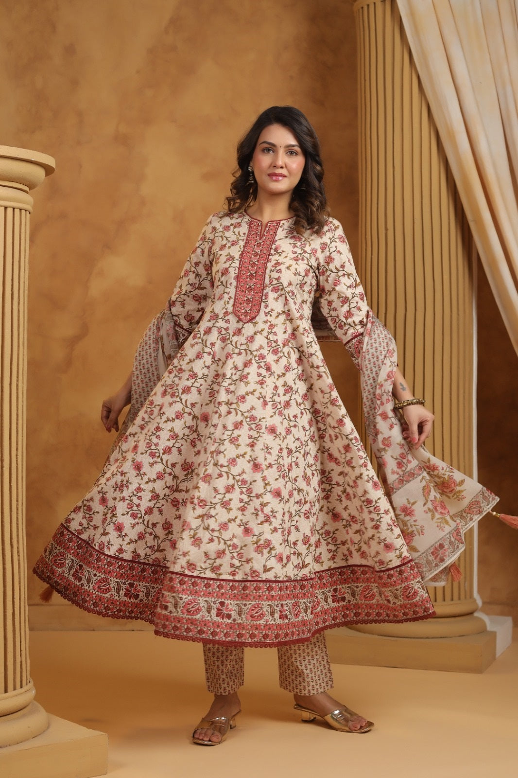 Gulnoor Maroon Cotton Anarkali Suit Set