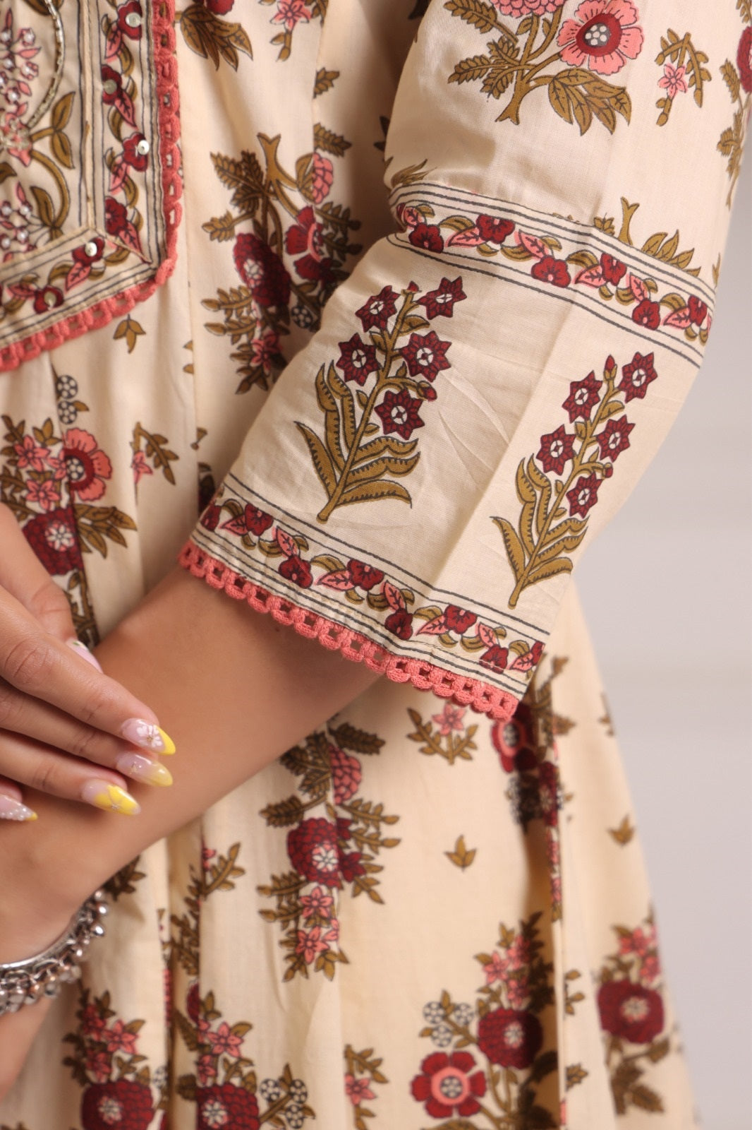 Ramya Beige Maroon Cotton Anarkali Suit Set For Women