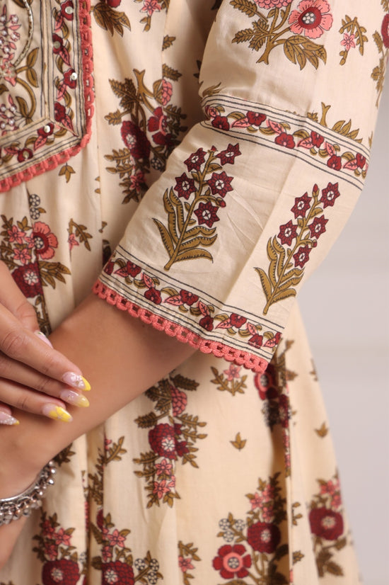 Ramya Beige Maroon Cotton Anarkali Suit Set For Women