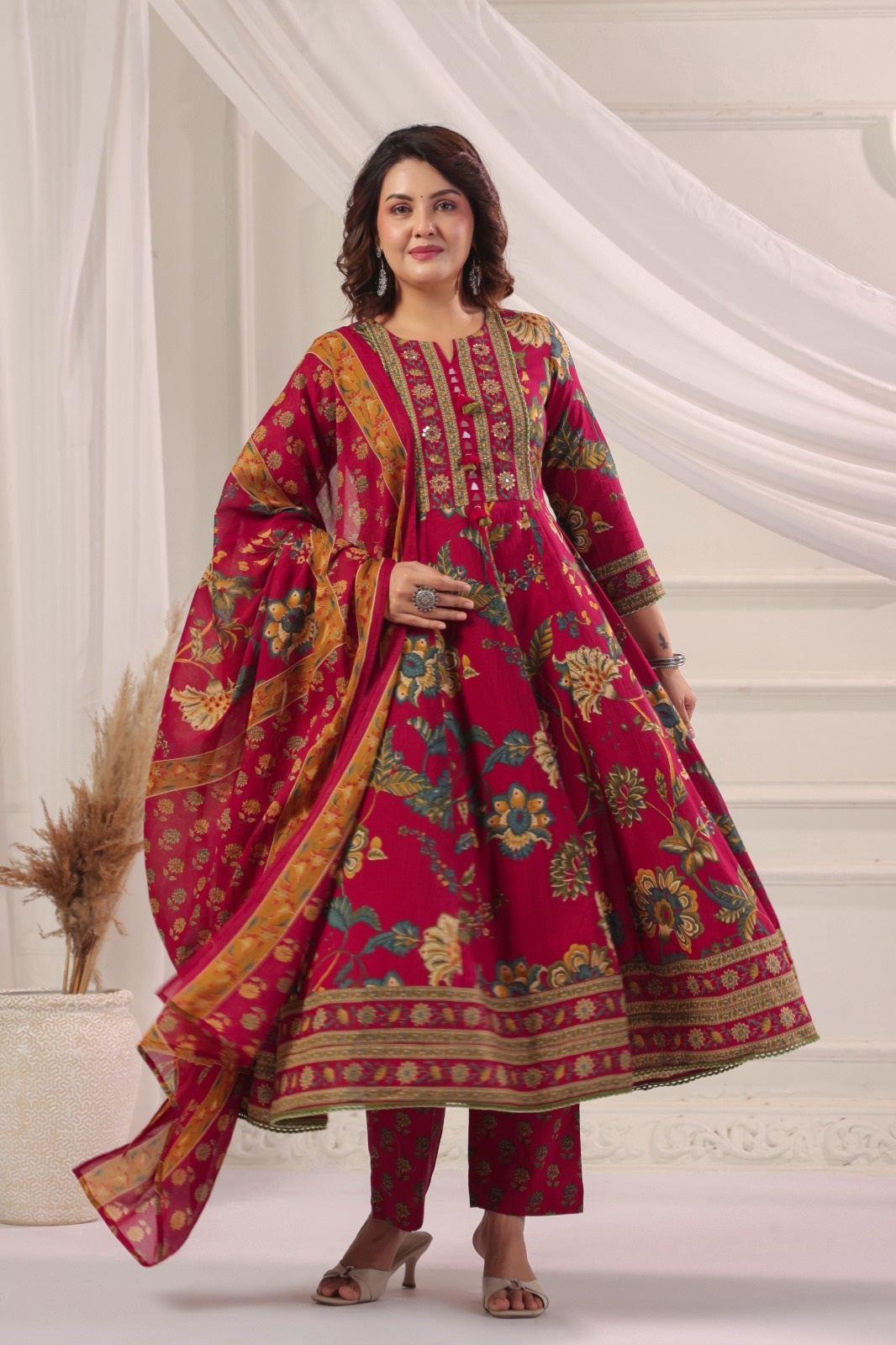 Rukmini Red Cotton Anarkali Suit Set For Women