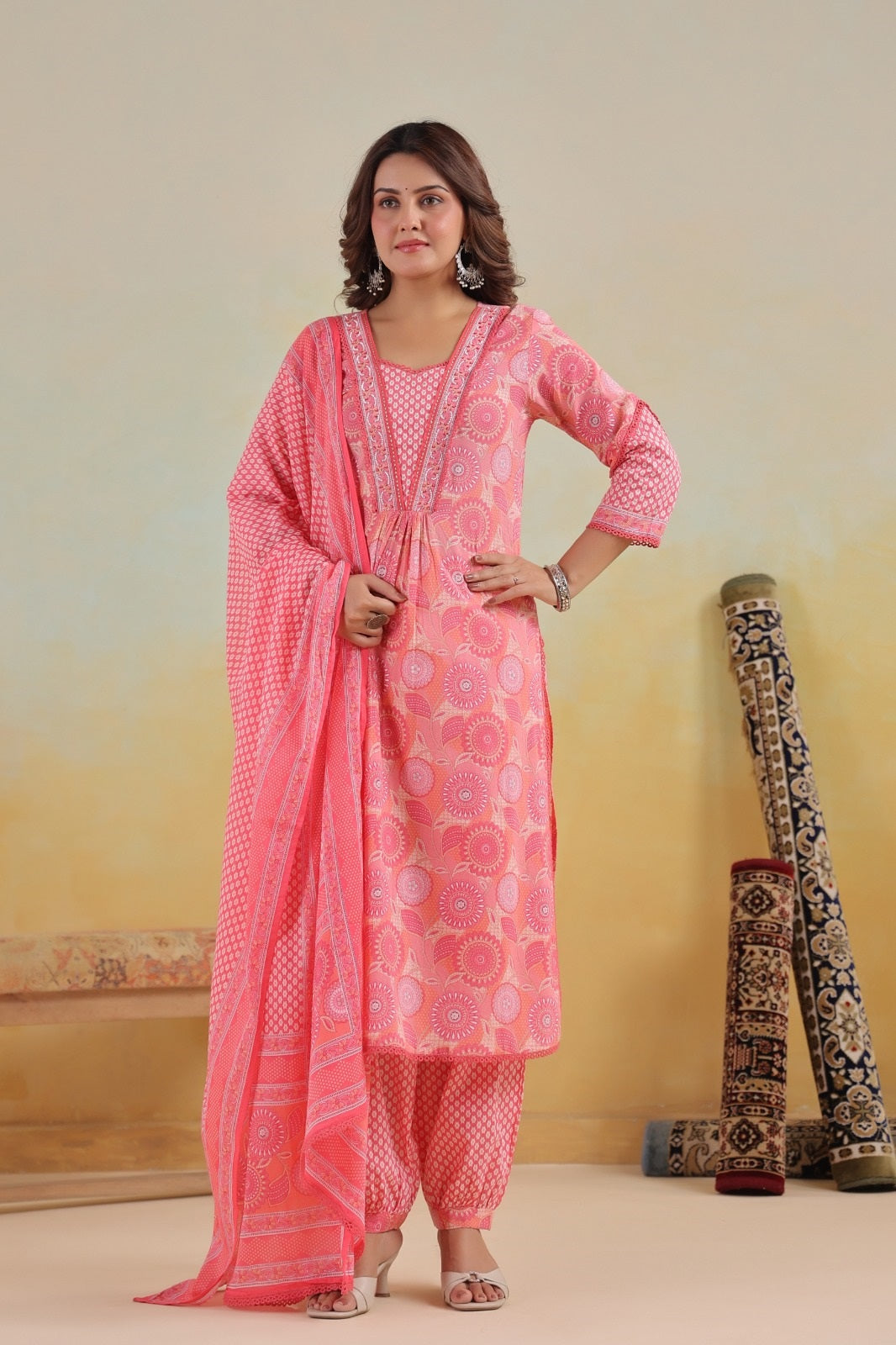 Gulnaar Pink Cotton A Line Suit Set
